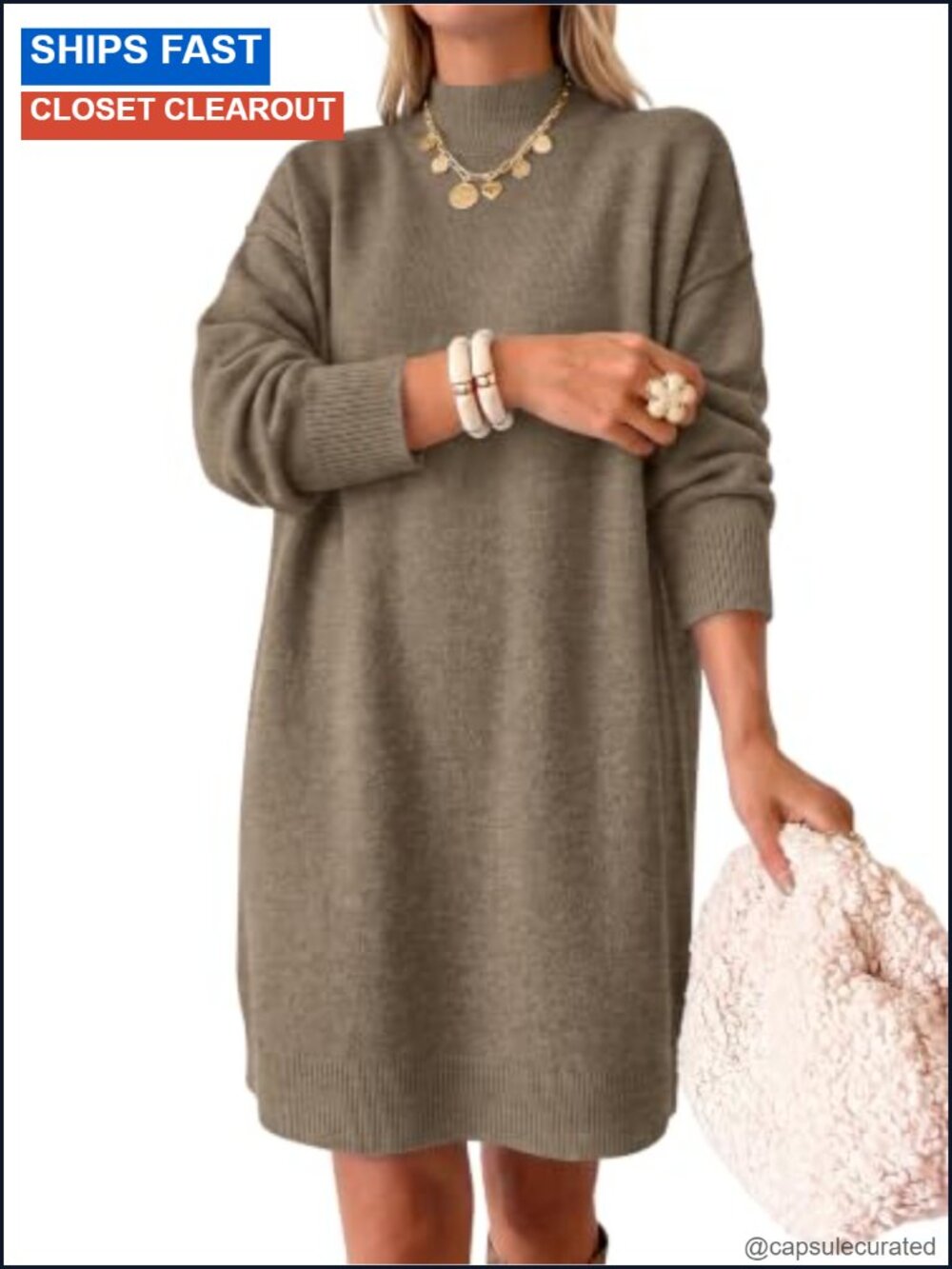 Oversized Mock Neck Sweater Dress Long Sleeve Knit Midi Pullover Fall Winter